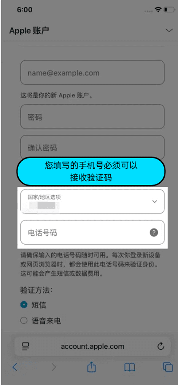 3. Select region, fill in your email address, and provide a phone number that can receive verification codes